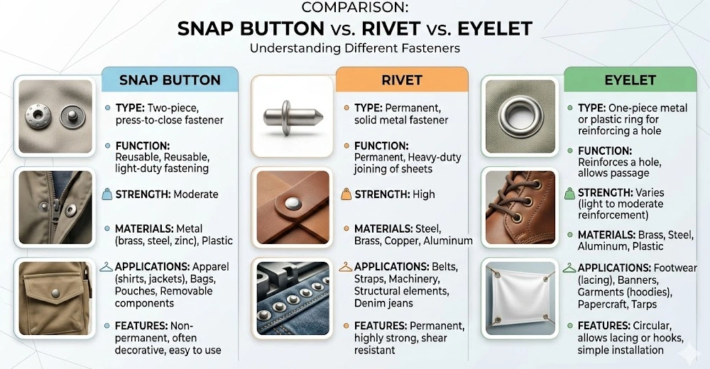 snap button vs. rivet vs. eyelet (1)
