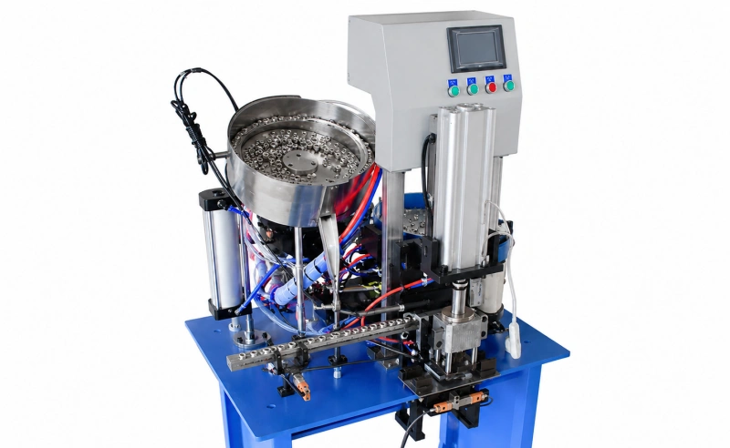 angled view of an eyelet machine showing the vibratory bowl feeder guide track and pressing unit