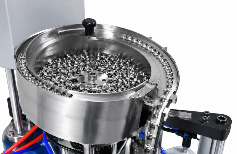 close up of a vibratory bowl feeder filled with metal eyelets feeding into a guide track