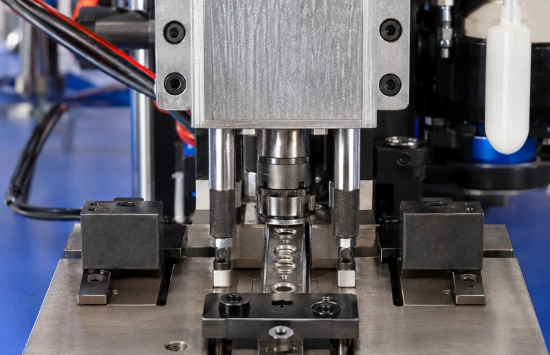 close up of the eyelet machine pressing and transfer station with aligned eyelets in the track