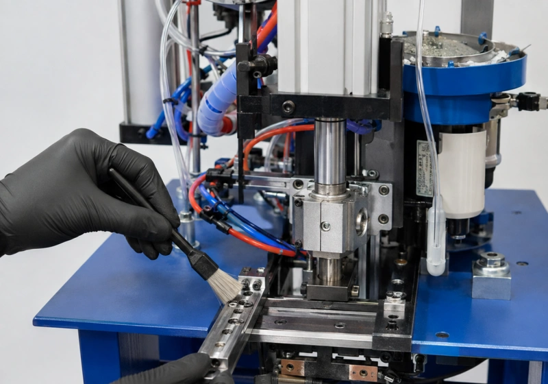 technician cleaning automatic eyelet machine feeder track