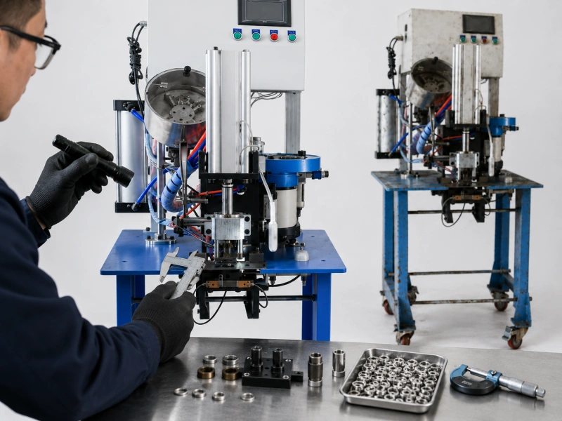 technician inspecting an eyelet machine tooling and components before purchase