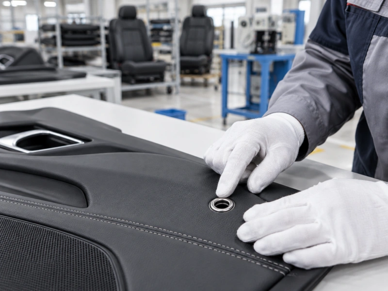 close up of eyelet installation on black automotive interior trim using an eyelet press