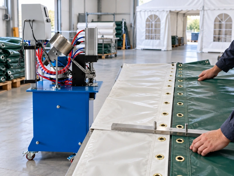 eyelet machine aligning tent sidewall eyelets