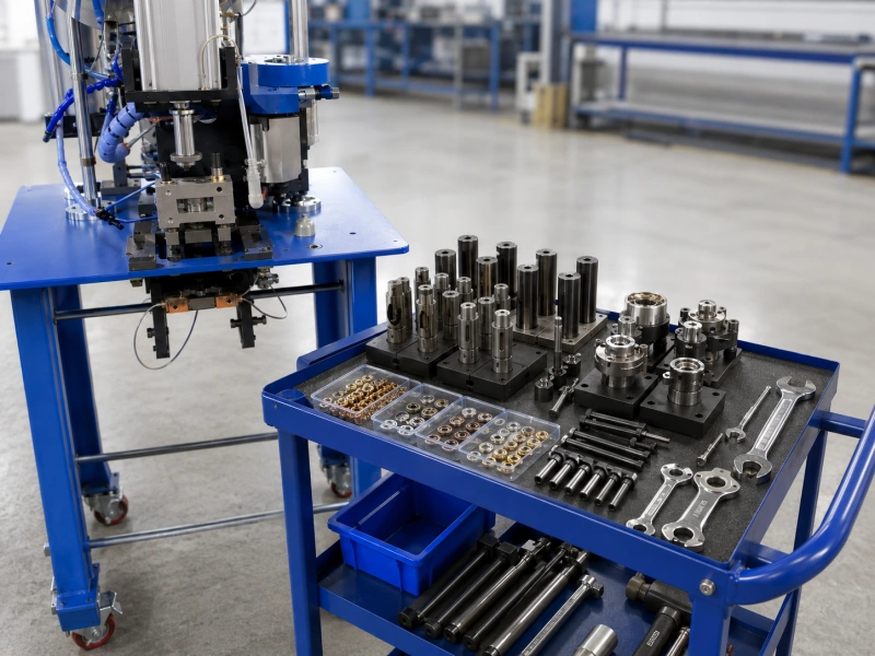 eyelet machine dies and tools staged for SMED changeover
