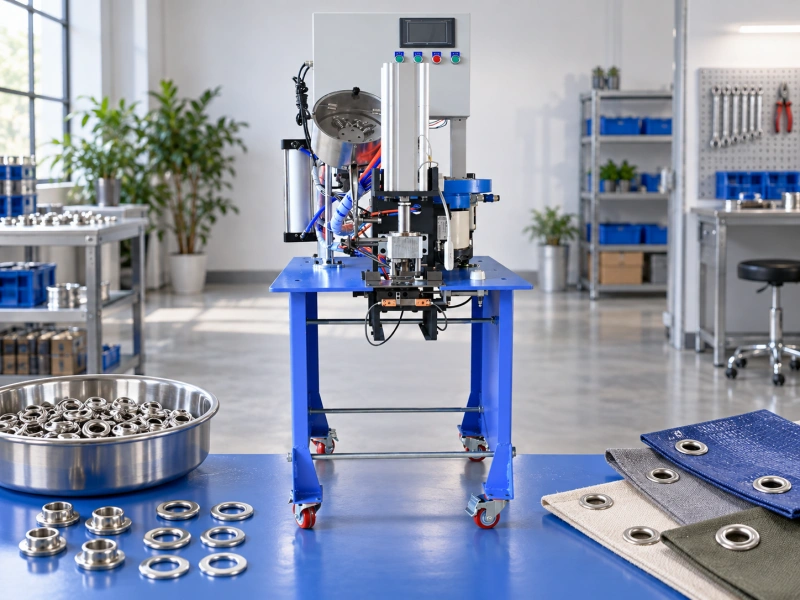 eyelet machine with eyelets and finished materials