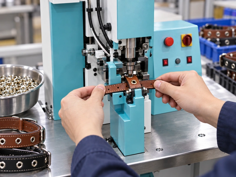 operator setting a metal eyelet in a leather pet collar with an eyelet machine