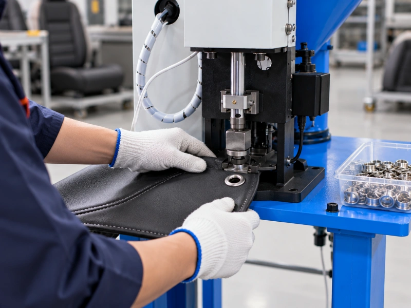 operator setting a metal eyelet in a stitched automotive upholstery panel