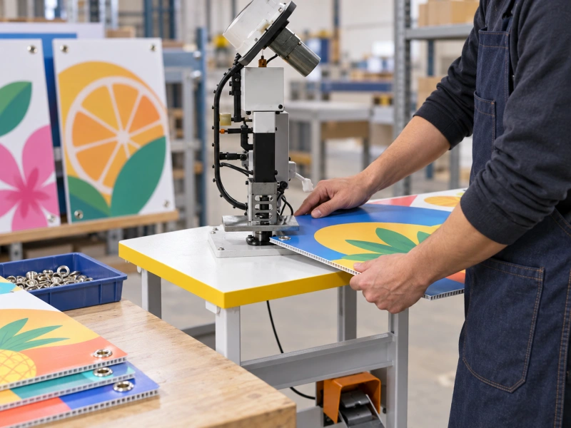 setting eyelets in a printed retail signboard