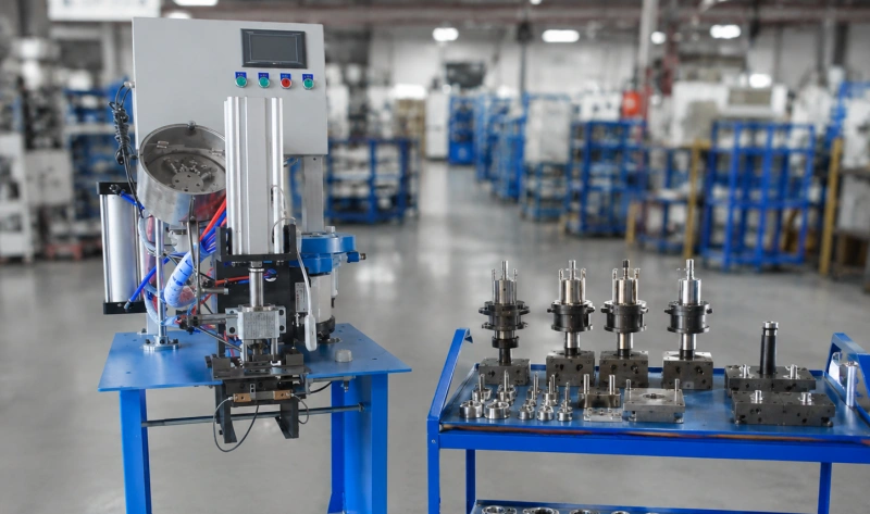 shared eyelet machine platform with organized multi size tooling components