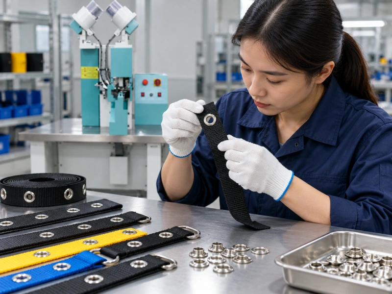 inspecting an eyelet on a webbing strap